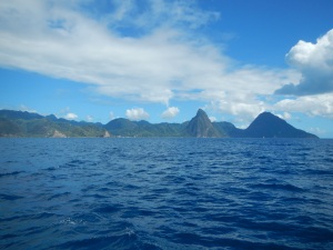 The rugged coast of St. Lucia. The sharp peak of one of the Pitons.